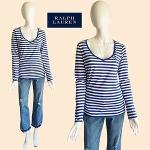 RALPH LAUREN Blue Label Striped Lime Pony V-Neck Long-Sleeve T-Shirt L